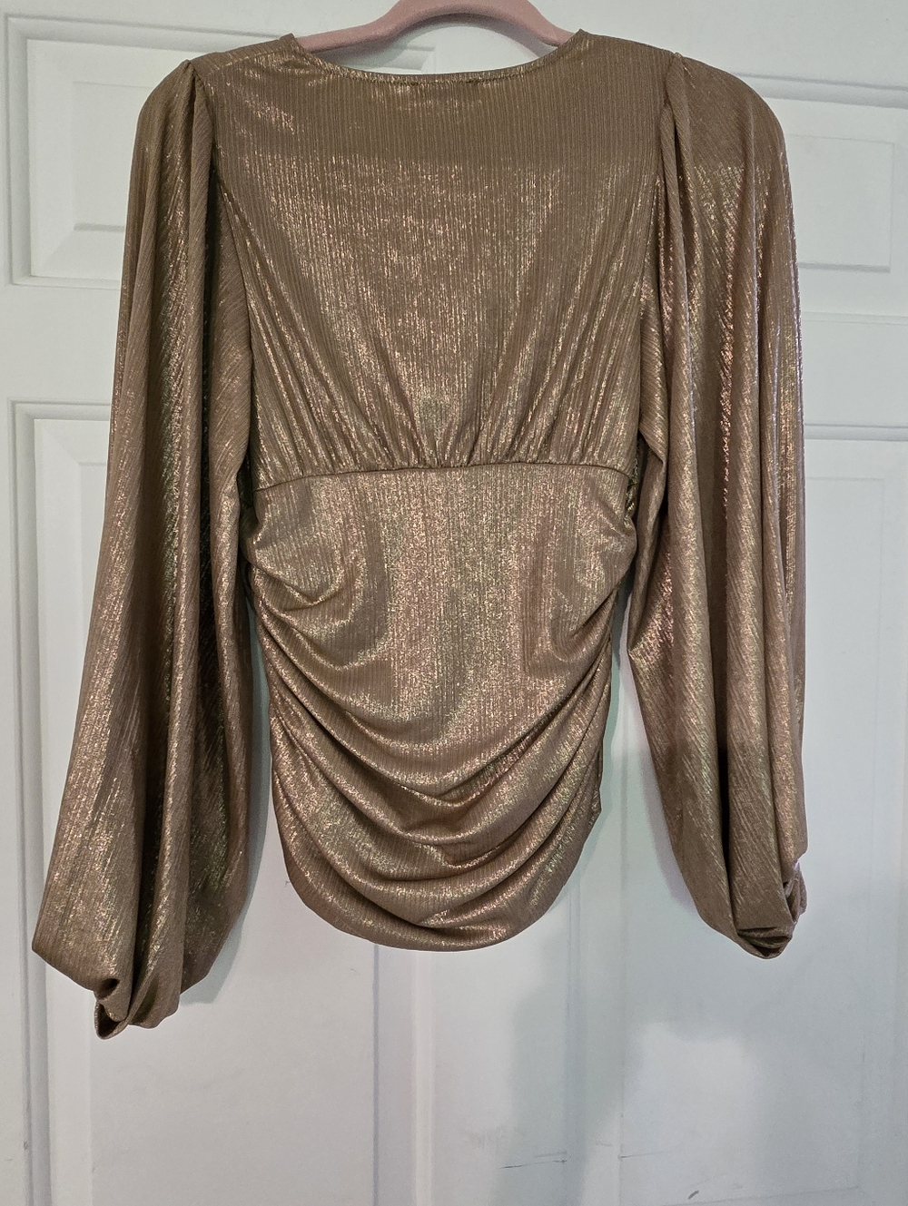 Express Metallic Gold Surplice Ruched Long-Sleeve Blouse - Picture 4 of 4